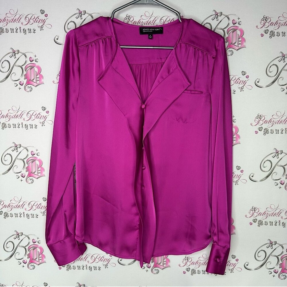 Jones New York blouse purple pink slinky fabric shimmer soft button up luxury